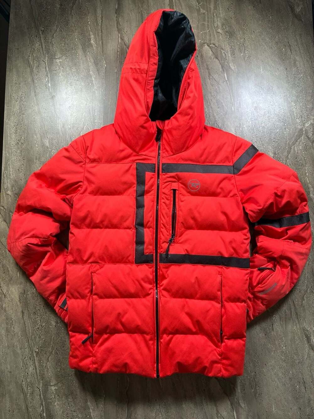 Rossignol Puffer Ski Jacket Mens Small Red Hooded Powder Skirt Insulated